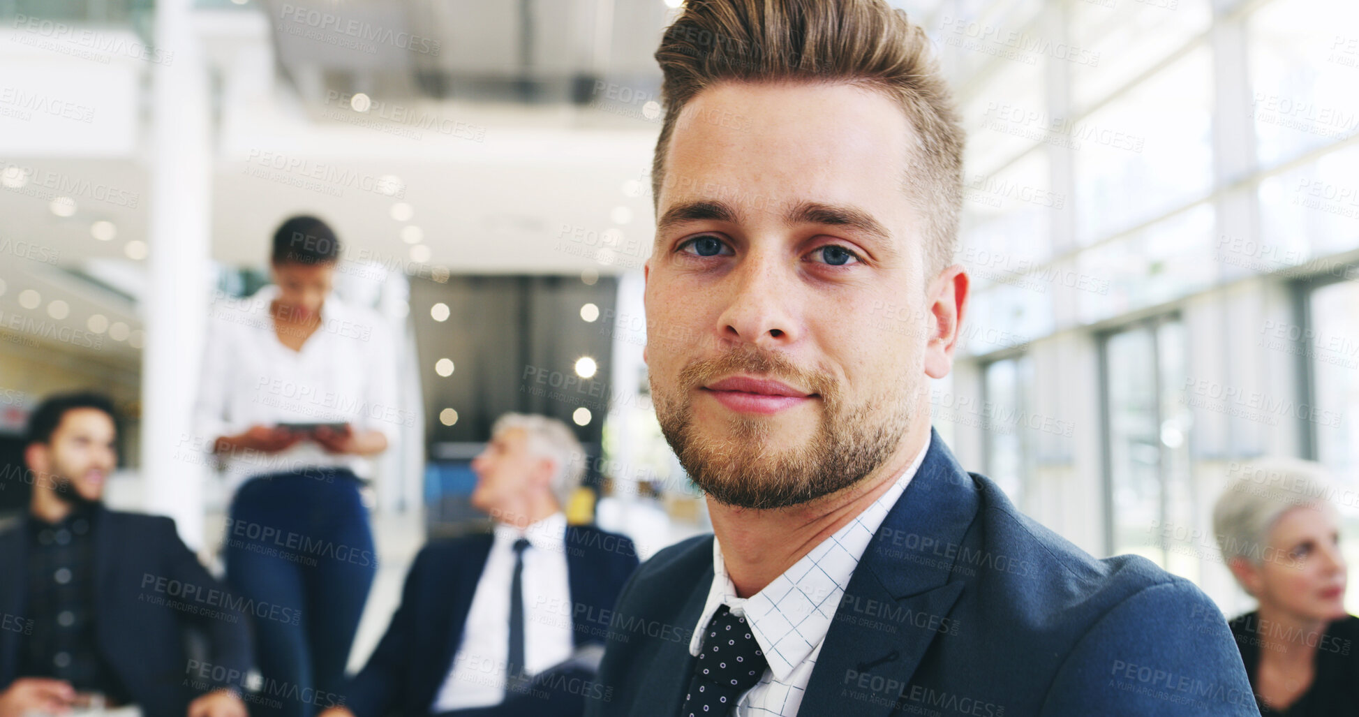 Buy stock photo Meeting, portrait and man in office with confidence, opportunity or professional at law firm conference. Planning, businessman and consultant with team, business growth or development at legal agency