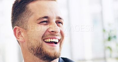 Buy stock photo Smile, face and man in office with confidence, opportunity and professional space at law firm. Lawyer, attorney or happy consultant with laughing, business growth and development at legal agency