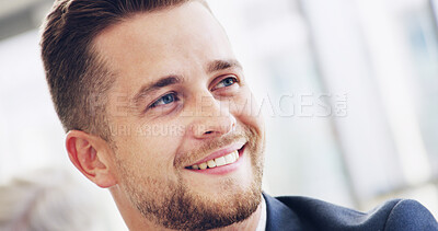 Buy stock photo Thinking, face and man in office with smile, opportunity and confident professional at law firm. Lawyer, happy consultant or businessman with ideas, business growth and development at legal agency