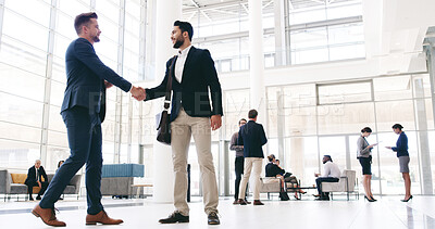 Buy stock photo Business people, happy and handshake for merger in office, negotiation success and acquisition. Men, partnership and thank you for help with investment funding in workplace, agreement and welcome