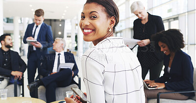 Buy stock photo Happy, meeting and portrait of businesswoman in office for negotiation on real estate law case with clients. Confident, professional and female attorney with team for legal property transaction deal.