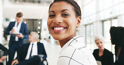Buy stock photo Happy, meeting and portrait of woman in office for negotiation on real estate law case with clients. Confident, professional and female attorney with team for business property transaction deal.