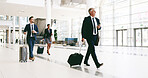 Mature businessman, happy and suitcase at airport for international conference in lobby. Person, attorney and lawyer with baggage, luggage and trip to global convention for corporate law in hallway
