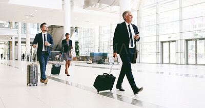 Buy stock photo Mature businessman, happy and suitcase at airport for international conference in lobby. Person, attorney and lawyer with baggage, luggage and trip to global convention for corporate law in hallway