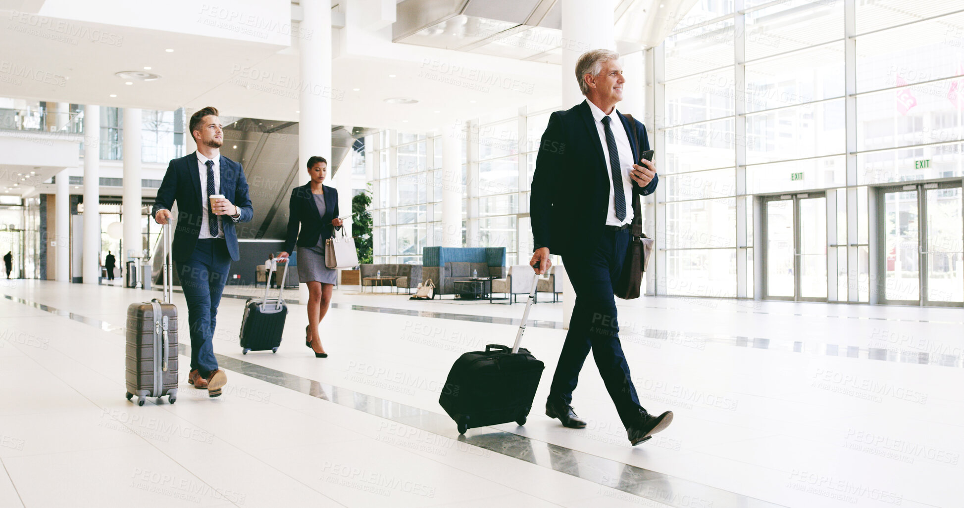 Buy stock photo Mature businessman, happy and suitcase at airport for international conference in lobby. Person, attorney and lawyer with baggage, luggage and trip to global convention for corporate law in hallway