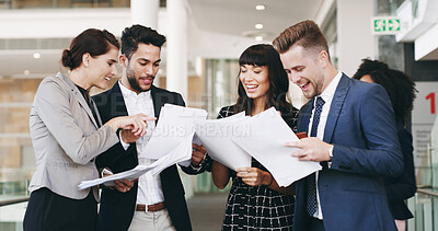 Buy stock photo Office, people and reading of paperwork, meeting and colleague with evidence for case and paralegal. Excited, group and employees with documents in law firm, happy and legal assistant with records