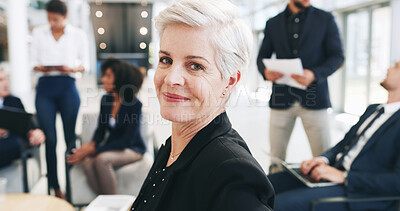 Buy stock photo Happy, meeting and portrait of mature businesswoman in office for negotiation on real estate law case with clients. Confident, professional male attorney with team for legal property transaction deal