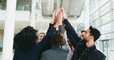 Buy stock photo Business people, high five and circle for target in office, motivation support and synergy huddle. Employees, team building and together for company bonding, about us and partnership in workplace