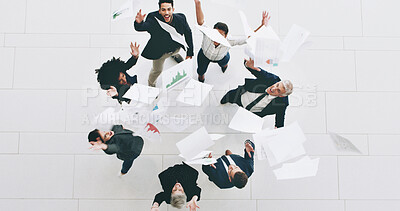 Buy stock photo Business people, above and throw paper for goals, success or happy for profit, graphs and diversity in office. Men, women and circle with team, celebration and excited for revenue at investment firm