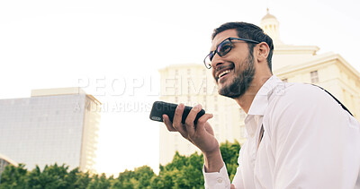 Buy stock photo City, commute and phone call with man speaker outdoor for communication or travel to work. Contact, conversation and opportunity with happy business person in urban town for voice memo or update
