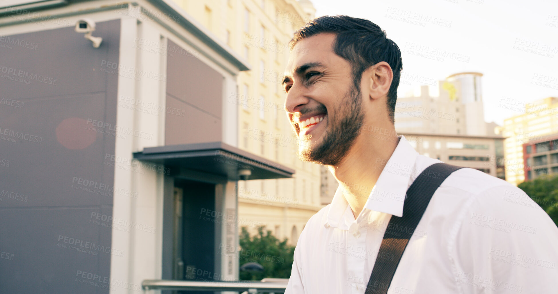 Buy stock photo Travel, smile and business man in city for commercial real estate, corporate property developer or commute. Urban venture, professional and walking with person and outdoors for company listing