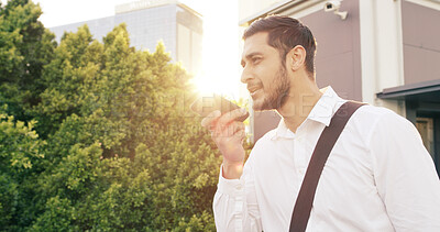 Buy stock photo City, phone call and walking with business man outdoor for communication or travel to work. Commute, conversation and voice recording with employee person in urban town for inspiration or update