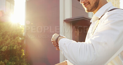 Buy stock photo Businessman, hands and checking time with watch for morning commute, travel or schedule in city. Closeup, man or traveler with wristwatch for date, deadline or keep track of punctuality in urban town
