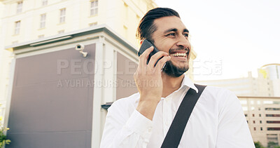 Buy stock photo City, phone call and thinking with business man outdoor for communication, networking or travel. Conversation, ideas and smile with happy employee person in urban town for planning or vision