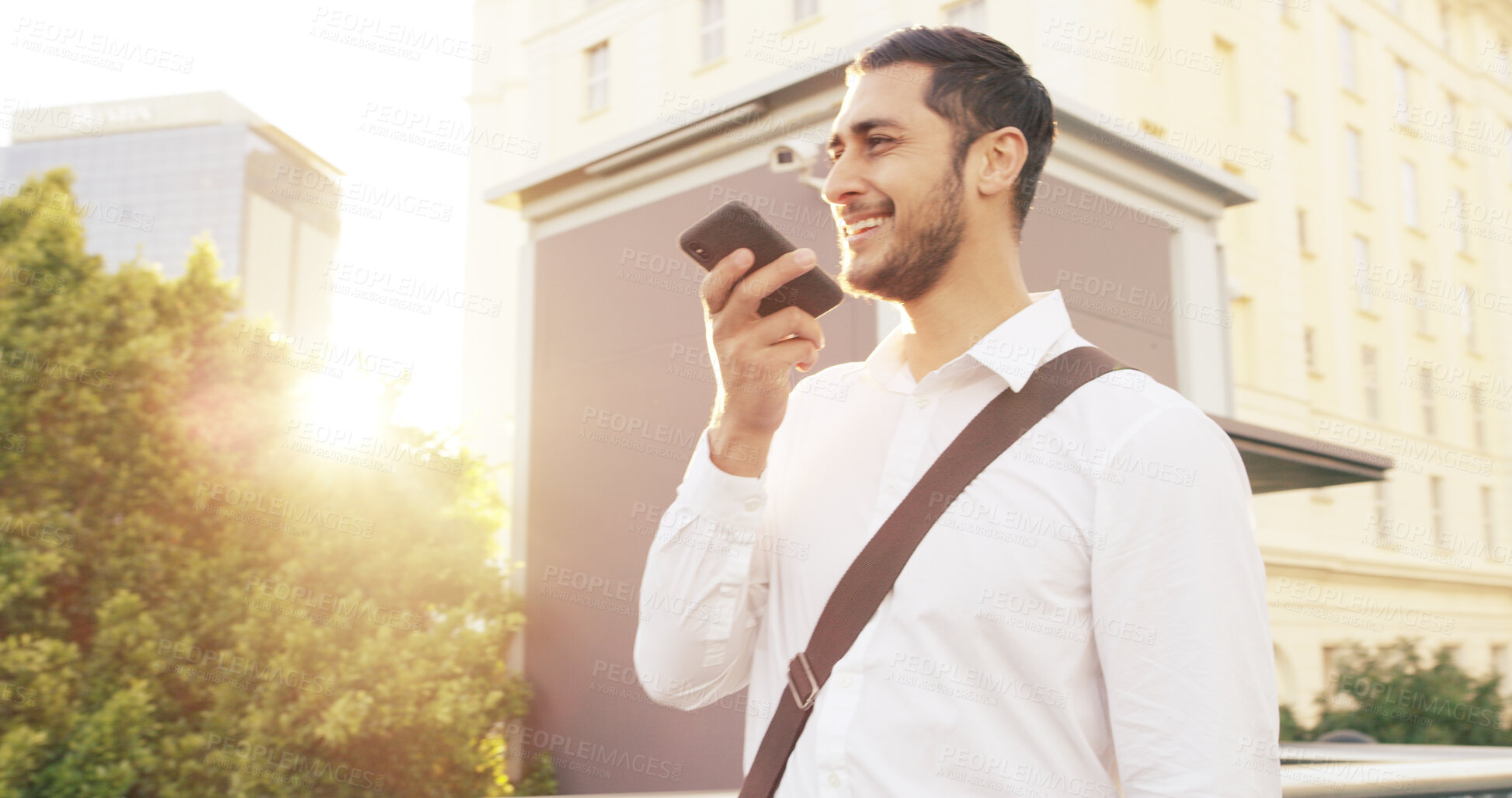 Buy stock photo Business, city and voice recording with man outdoor for communication or travel to work. Memo, phone call and reminder with happy employee person walking in urban town for inspiration or update