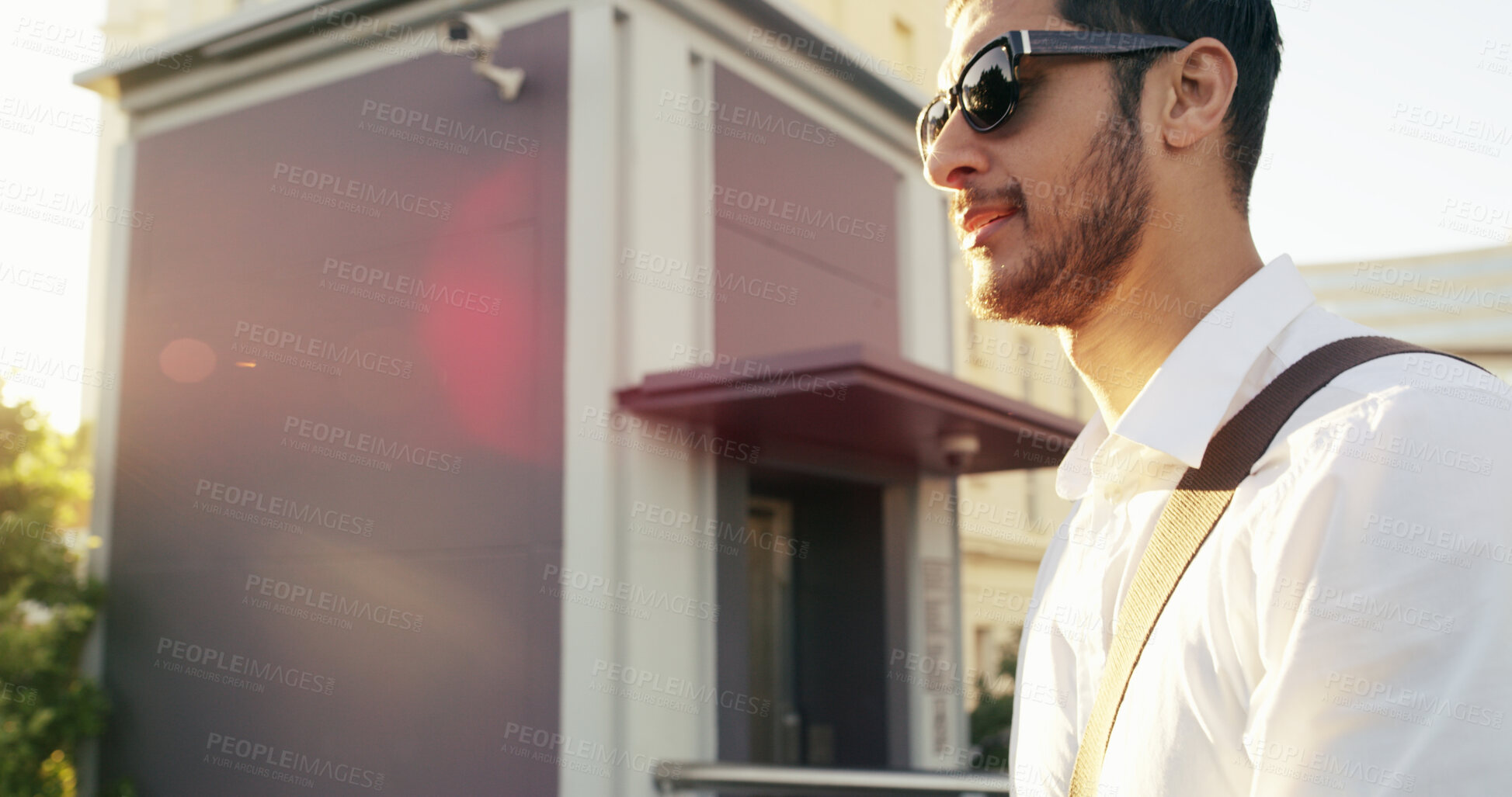 Buy stock photo Business, man and walking with sunglasses in city for real estate, showcase viewing or morning commute. Professional, male consultant and explore with commercial property or infrastructure conditions