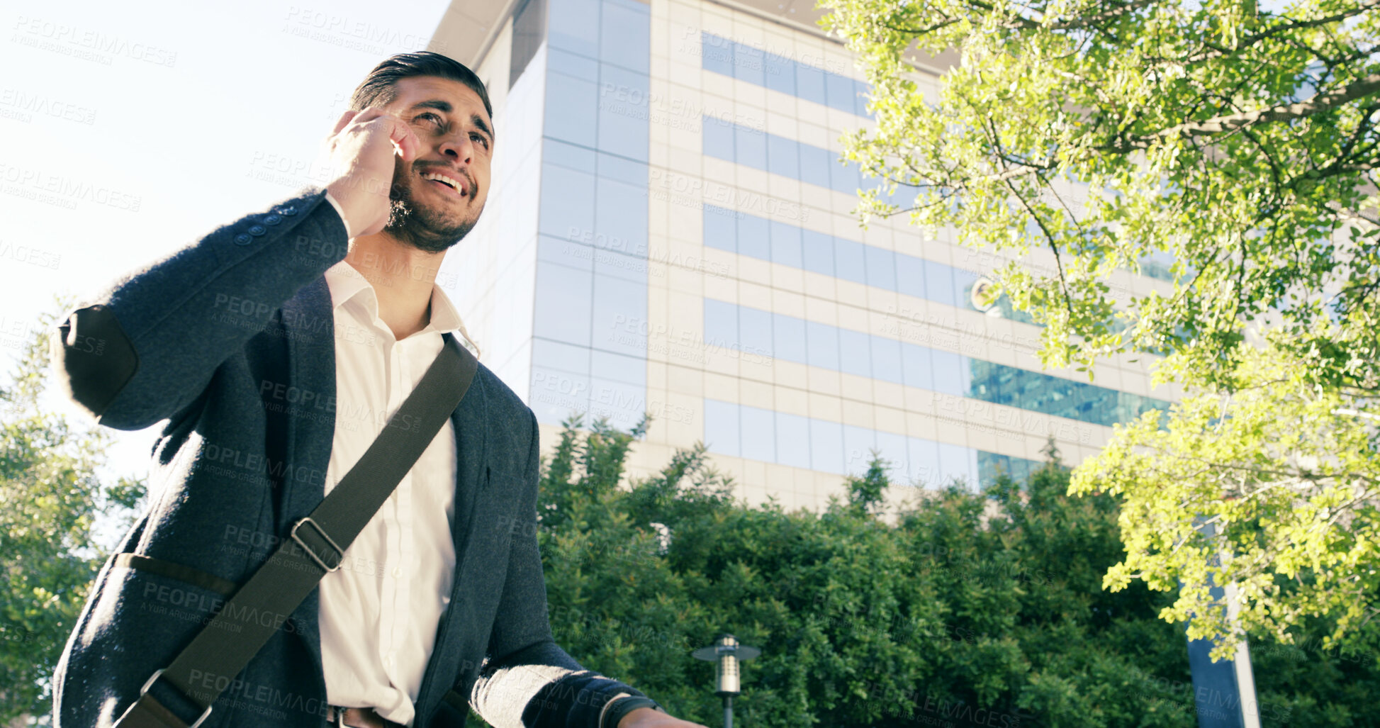 Buy stock photo City, phone call and walking with business man outdoor for communication or traveling to work. Contact, commute and opportunity with happy employee person in urban town for update from below