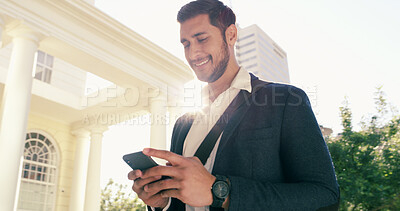 Buy stock photo Business, man and smile with phone in city of real estate, viewings research and morning commute. Male agent, mobile and information of commercial property, listings negotiation and online navigation