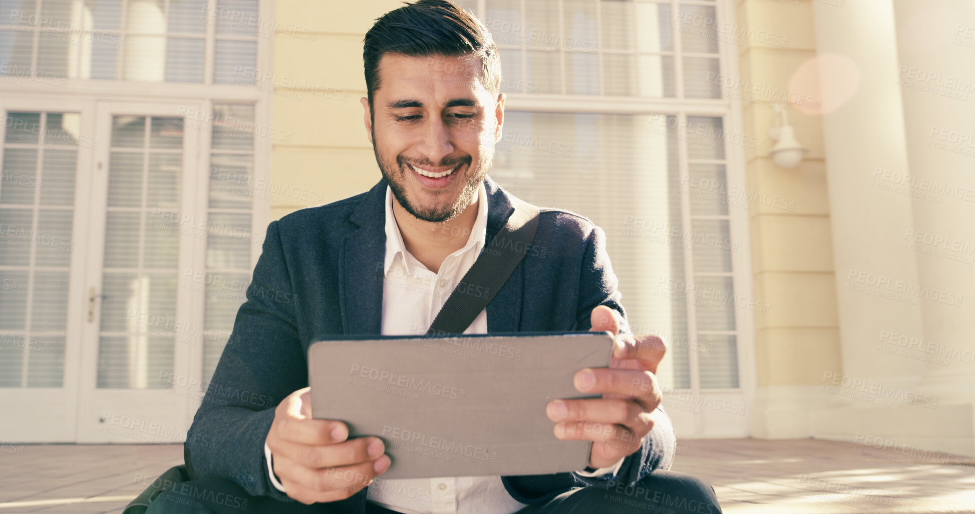 Buy stock photo Break, stairs and tablet with business man outdoor in city for career planning or job search. App, research and social media with smile of corporate employee on urban steps for hiring opportunity