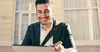 Buy stock photo Business, man and stairs with tablet for urban research, communication and schedule update as lawyer. Male person, smile and digital app for client information, court case and negotiation as attorney