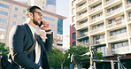 Bicycle, city and phone call with business man outdoor for communication or travel to work. Commute, contact or conversation and employee person with bike in urban town for inspiration or update