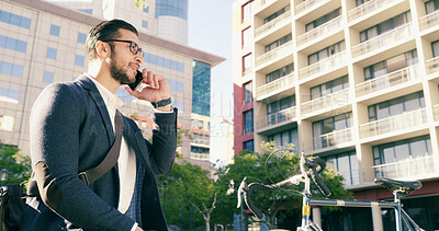 Buy stock photo Bicycle, city and phone call with business man outdoor for communication or travel to work. Commute, contact or conversation and employee person with bike in urban town for connection or update