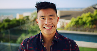 Buy stock photo Outdoor, portrait and Asian man with smile, travel and summer holiday with adventure. Japanese person, traveller or guy with weekend break, vacation and explore with journey, ocean or positive energy