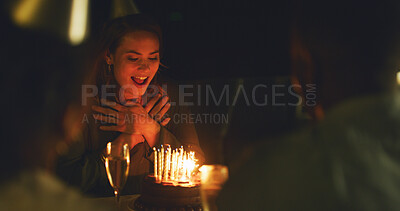 Buy stock photo Happy woman, surprise and night with candles for birthday celebration, party or event. Female person, cake and desert with friends or wish for get together, anniversary or blessings in late evening