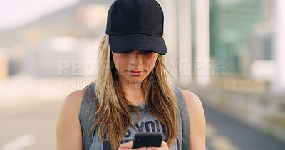 Buy stock photo Typing, smartphone and woman in city, travel and message to contact, texting and social media. Outdoor, person and girl in street, cellphone and mobile app with internet, communication and commute