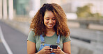 Happy, smartphone and woman in city, travel and message to contact, commute and social media. Outdoor, person and girl in street, cellphone and mobile app with internet, communication and smile