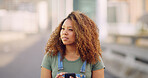Phone, thinking and walking with woman on bridge in city to search map app for directions to location. Future, idea and planning with African person outdoor in urban town for commute or travel