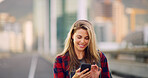 Smile, cellphone and woman in city, travel and message to contact, internet and social media. Outdoor, person and girl in street, smartphone and mobile app with journey, communication and commute