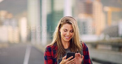 Buy stock photo Smile, cellphone and woman in city, travel and message to contact, internet and social media. Outdoor, person and girl in street, smartphone and mobile app with journey, communication and commute