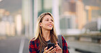 Phone, smile and thinking with woman on bridge in city to search map app for directions to location. Future, idea and walking with happy tourist person outdoor in urban town for commute or travel