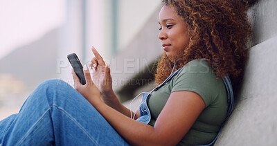 Buy stock photo Phone, relax and woman in city scrolling online for celebrity news, update or review on mobile app. Technology, reading and female person browsing on website for gossip blog with cellphone in town.