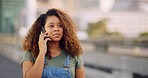 Woman, communication or city with phone call for conversation, discussion or serious chat. Female person, tourist or traveler listening on mobile smartphone for talk, gossip or rumor in an urban town