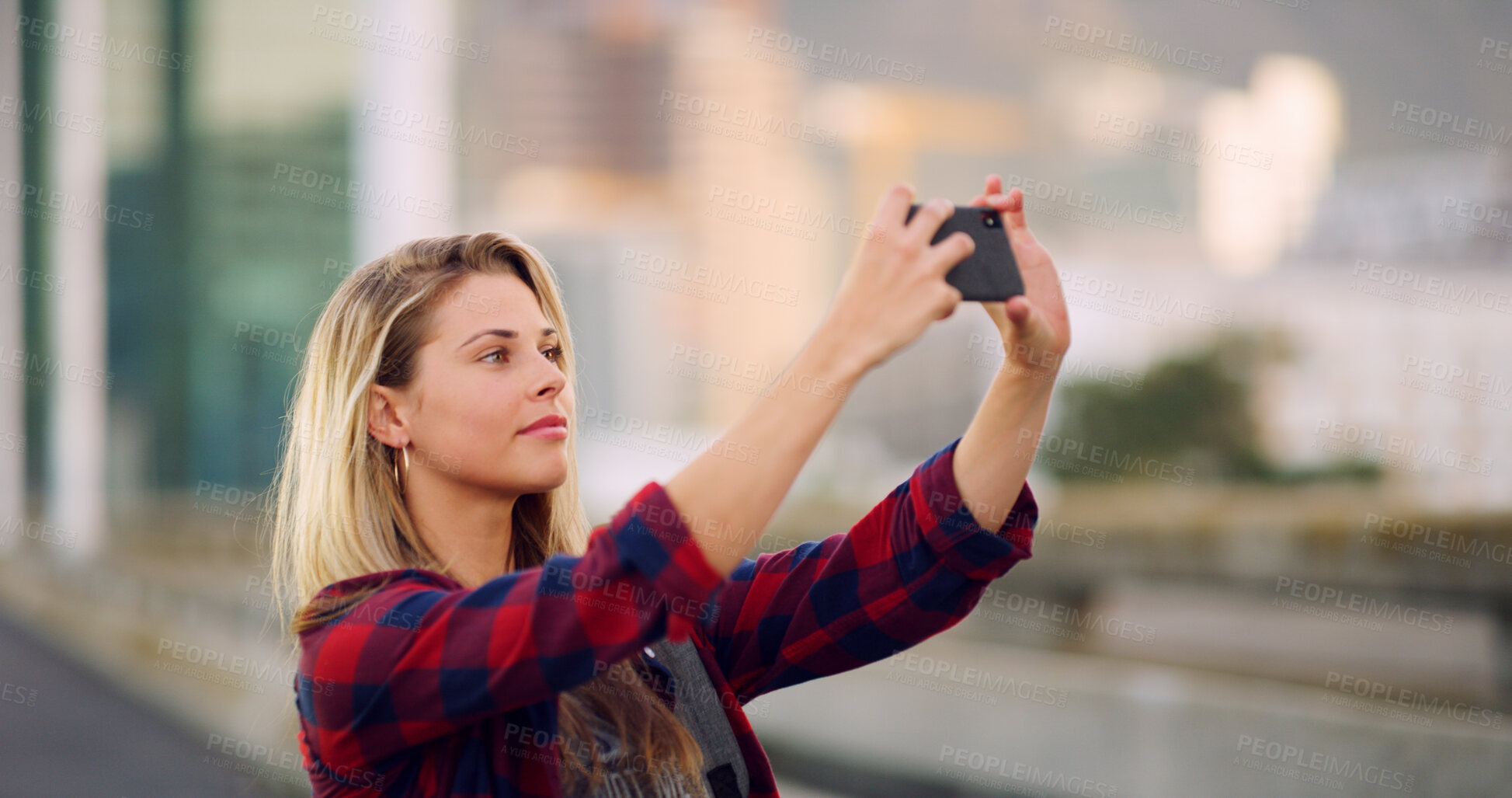Buy stock photo Woman, city and tourist with phone for photography, picture or memory in an urban town. Female person, traveler or immigrant with mobile smartphone for outdoor view, sightseeing or social media app