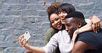Selfie, laughing and group of people by wall in city for memory, social media or profile picture on holiday. Happy, reunion and friends with photography picture for content creation vlog in town.