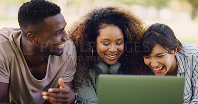 Buy stock photo Happy students, laptop and friends with good news for college acceptance, results or winning together on campus. Excited, group or relax with smile on computer for scholarship, notification or pass