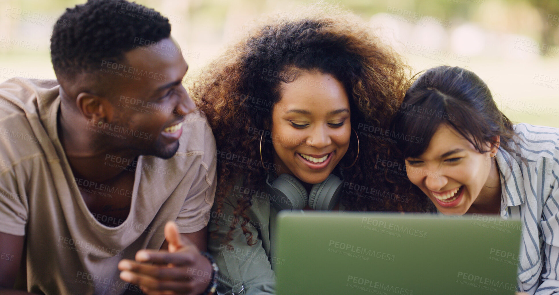 Buy stock photo Happy students, laptop and friends with good news for college acceptance, results or winning together on campus. Excited, group or relax with smile on computer for scholarship, notification or pass