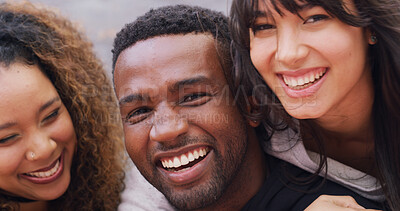 Buy stock photo Portrait, diversity and group of friends with smile, support or scholarship opportunity at college. Happy, man and women embrace on campus with creative education, pride and fun university students
