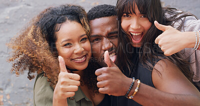 Buy stock photo Hip hop, portrait and thumbs up with dancer people outdoor together on wall background for success. Art, creative and performance with happy dancing friends in city for like or yes as winner group