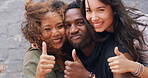 Hip hop, portrait and thumbs up with dance crew outdoor together on wall background for motivation. Artistic, creative or success with happy man and woman friends in city for performance rehearsal