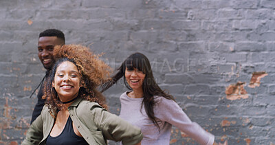 Buy stock photo Energy, hip hop and portrait with dancer people outdoor together on brick wall background for choreography. Art, creative and space with smile of dancing friends in city for performance rehearsal