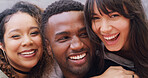 Portrait, friends and group of people with smile, support or scholarship opportunity at college. Happy, man and women embrace on campus with creative education, pride and fun for university students