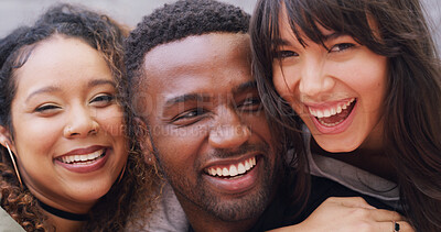 Buy stock photo Portrait, friends and group of people with smile, support or scholarship opportunity at college. Happy, man and women embrace on campus with creative education, pride and fun for university students