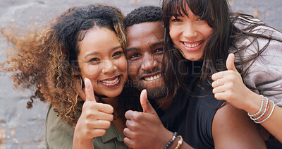 Buy stock photo Portrait, smile and thumbs up with hip hop people outdoor together on wall background for motivation. Artistic, creative and success with happy dancing friends in city for like or yes to rehearsal