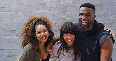 Buy stock photo Hip hop, laughing and portrait with dancer people outdoor together on wall background for choreography. Artistic, creative and humor with funny dancing friends in city for performance rehearsal