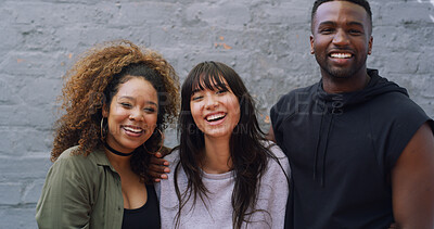 Buy stock photo Hip hop, portrait and smile with dancer people outdoor together on wall background for choreography. Artistic, creative and swag with group of happy dancing friends in city for performance rehearsal