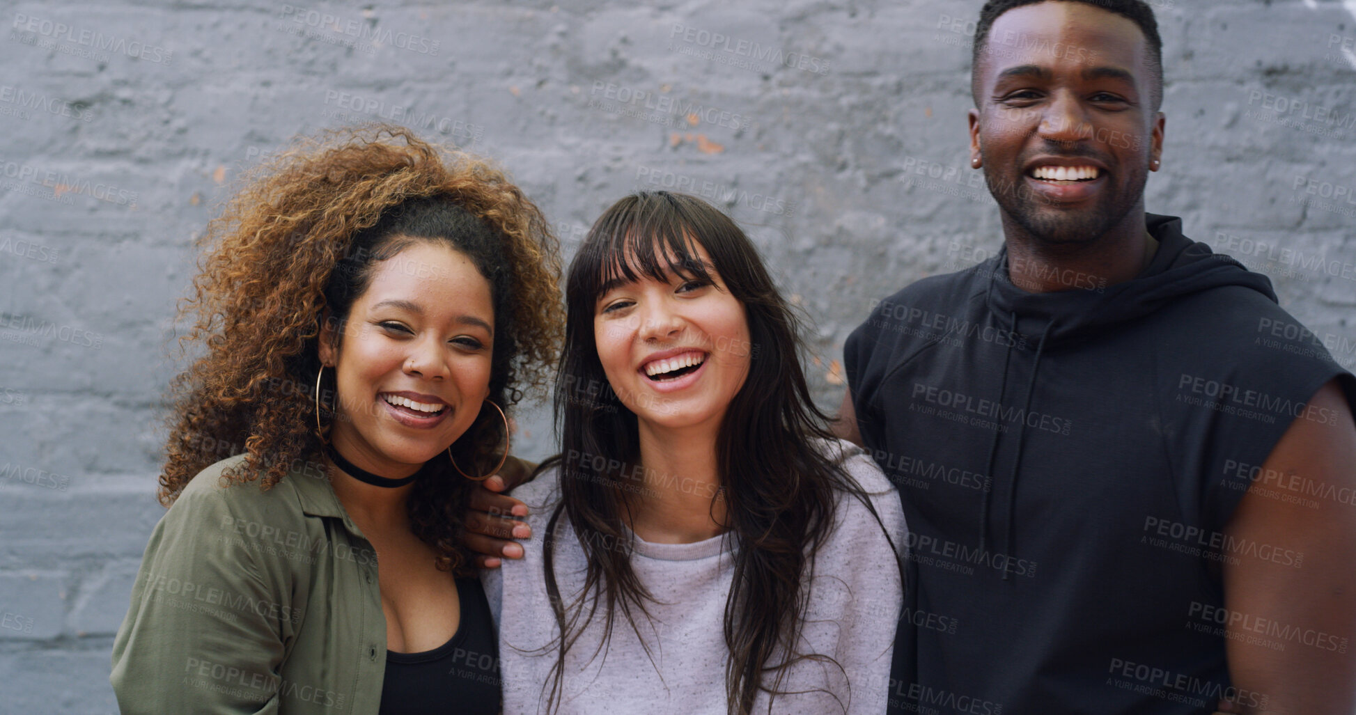 Buy stock photo Hip hop, portrait and smile with dancer people outdoor together on wall background for choreography. Artistic, creative and swag with group of happy dancing friends in city for performance rehearsal